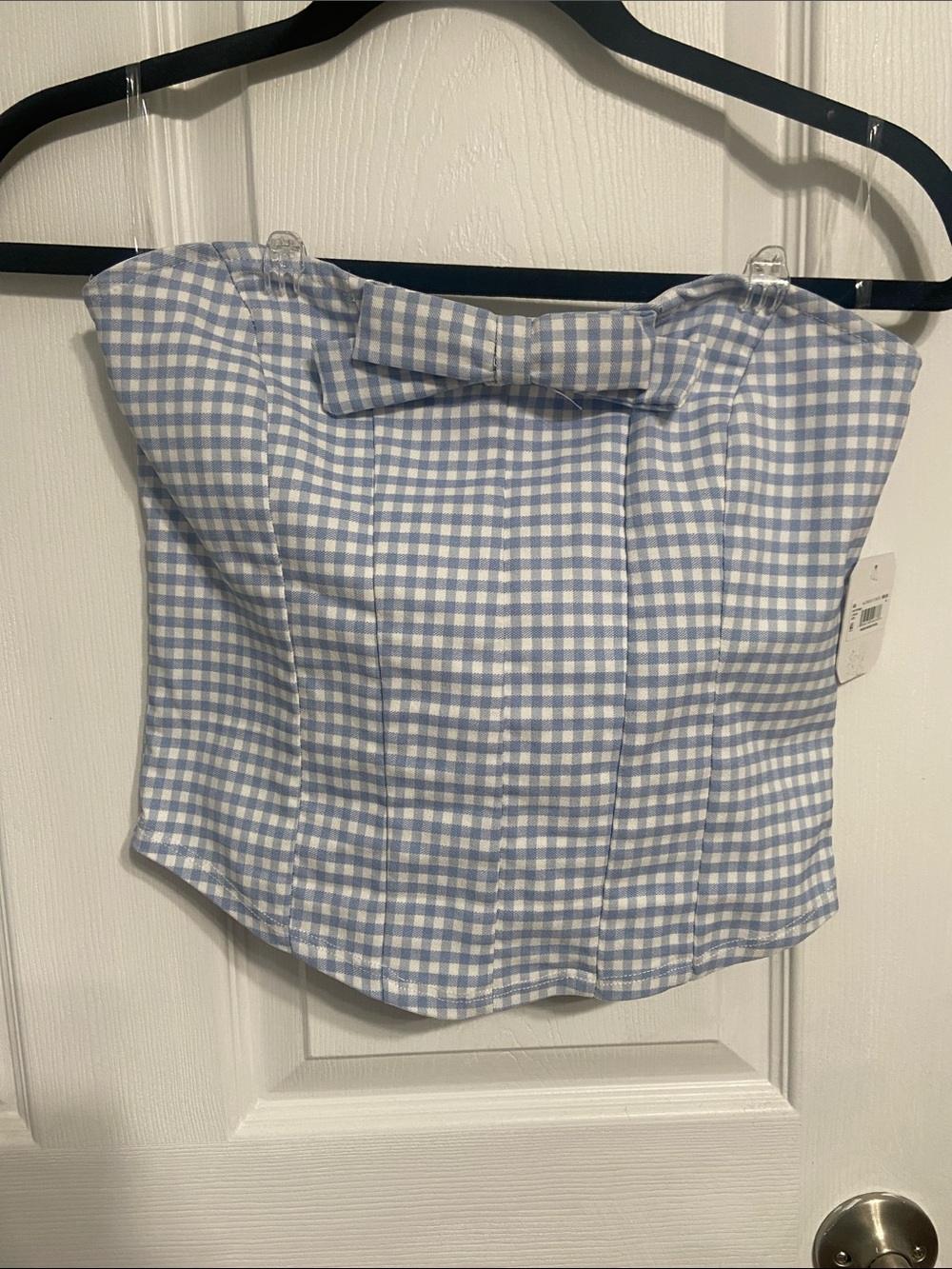 Altar'd State Light Blue & White Gingham Strapless Crop Top